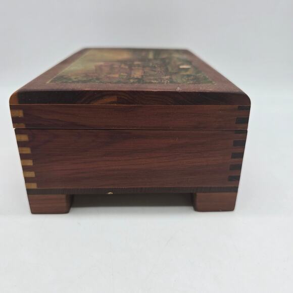 Vintage Wood Jewelry Trinket Box with Hinged Cottage Scene Lid Brown - Picture 4 of 10